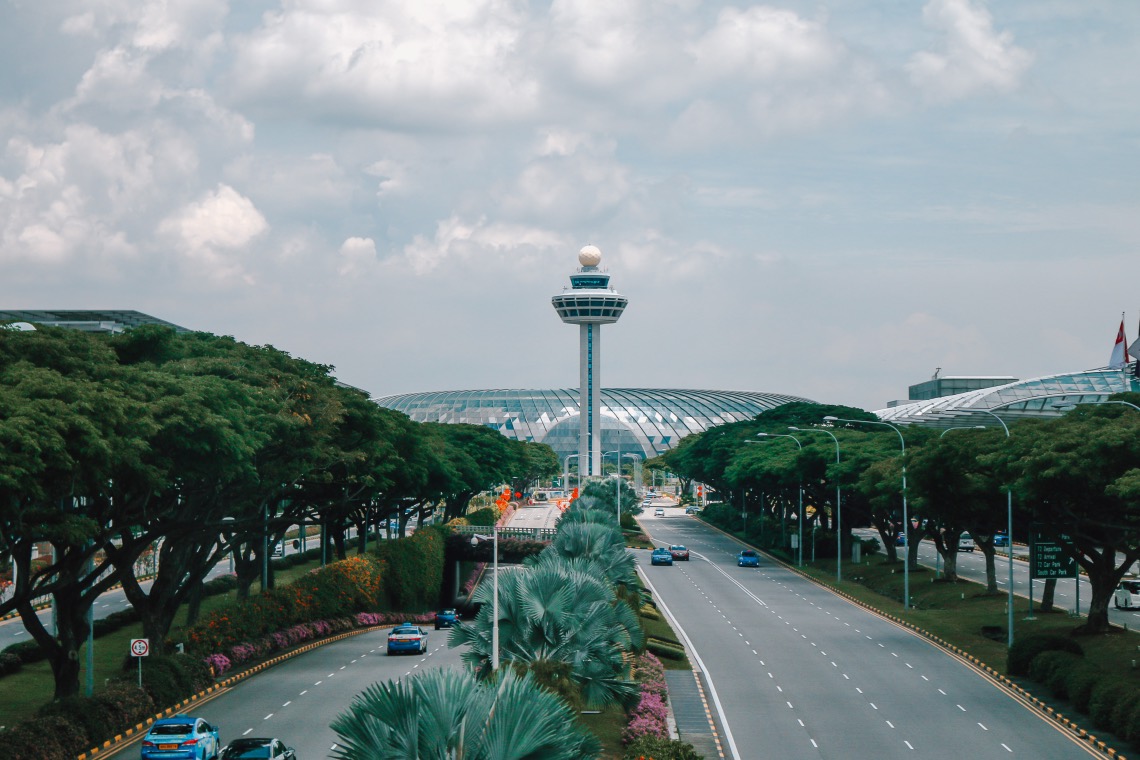 Changi Airport control tower surrounded by rows of trees